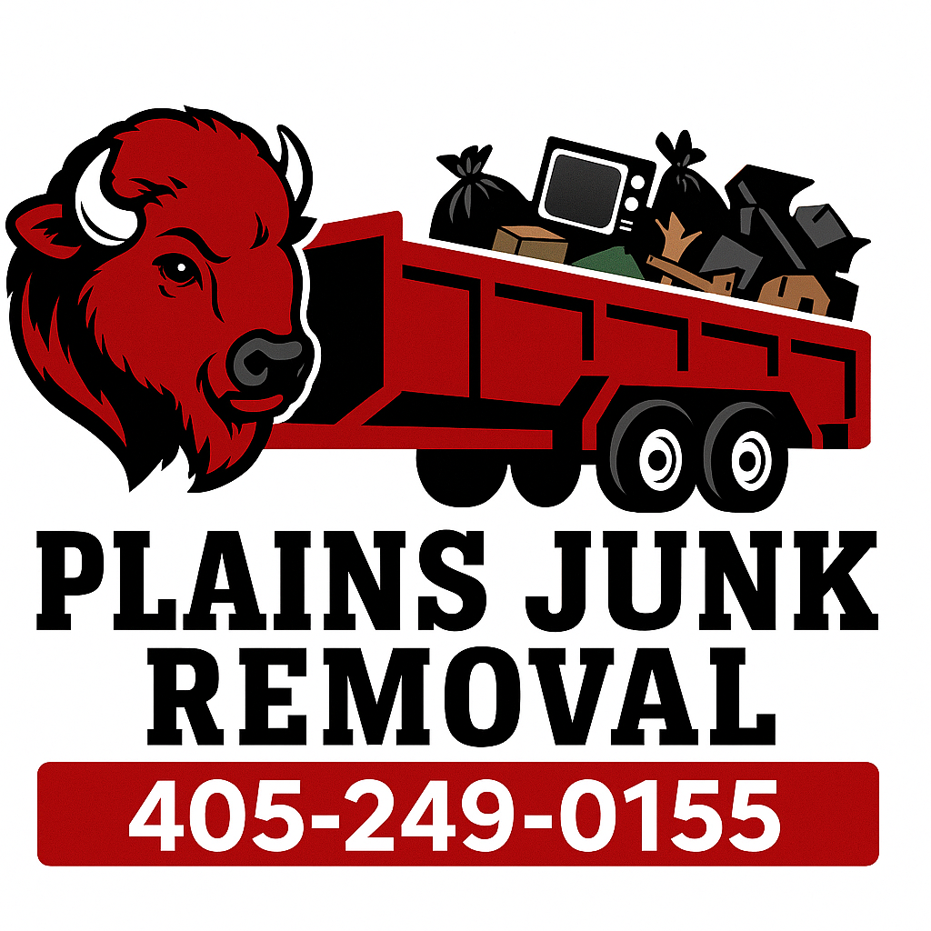 Logo for Plains Junk Removal featuring a red buffalo head on a red dump truck filled with junk, with the phone number 405-249-0155.
